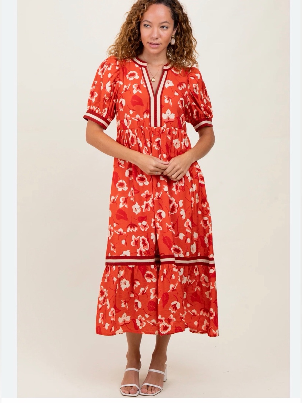 entro Red Floral Maxi Dress with Ivory Accents